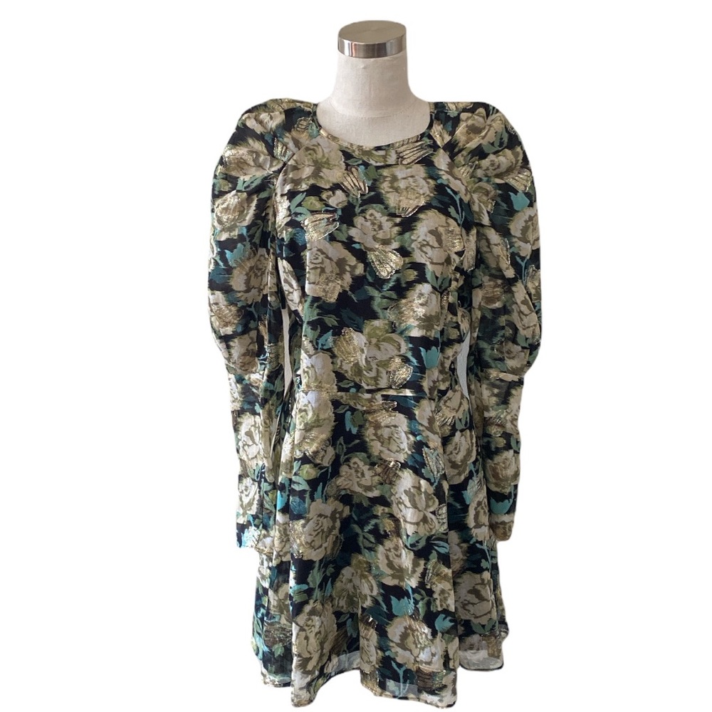 H&M Teal/Blk/Metallic Floral Brocade L/S Mini Dress with Puff Sleeves/Sz 10/EUC! - Picture 1 of 11